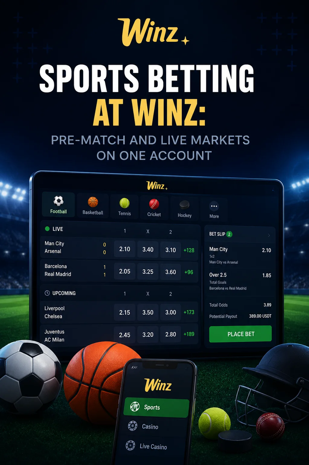 Sports betting platform with live events and betting markets
